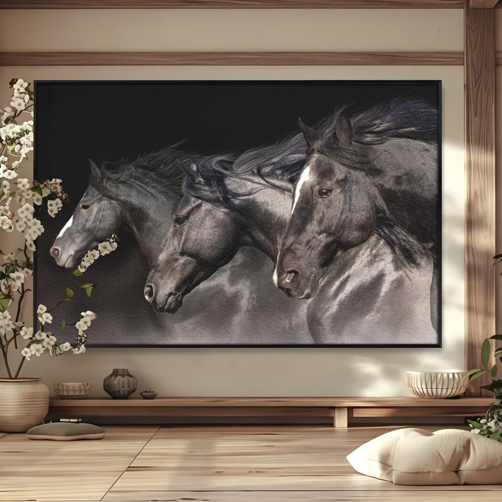 Tablou canvas cu tablou canvas cu trei cai negri in galop, in rama de aluminiu negru